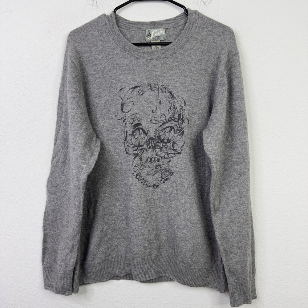 Lucky Brand Sweater Mens XXL Wool Blend Knit Skull Y2K Grunge‎ Rocker Streetwear